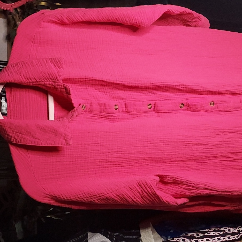 MISSGUIDED Hot Pink Crushed Cotton Buttoned Down Long Shirt Duster